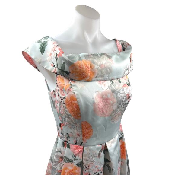 Eliza J Green Floral Silk Satin Off The Shoulder Evening A Line Maxi Dress Sz M - Picture 4 of 6